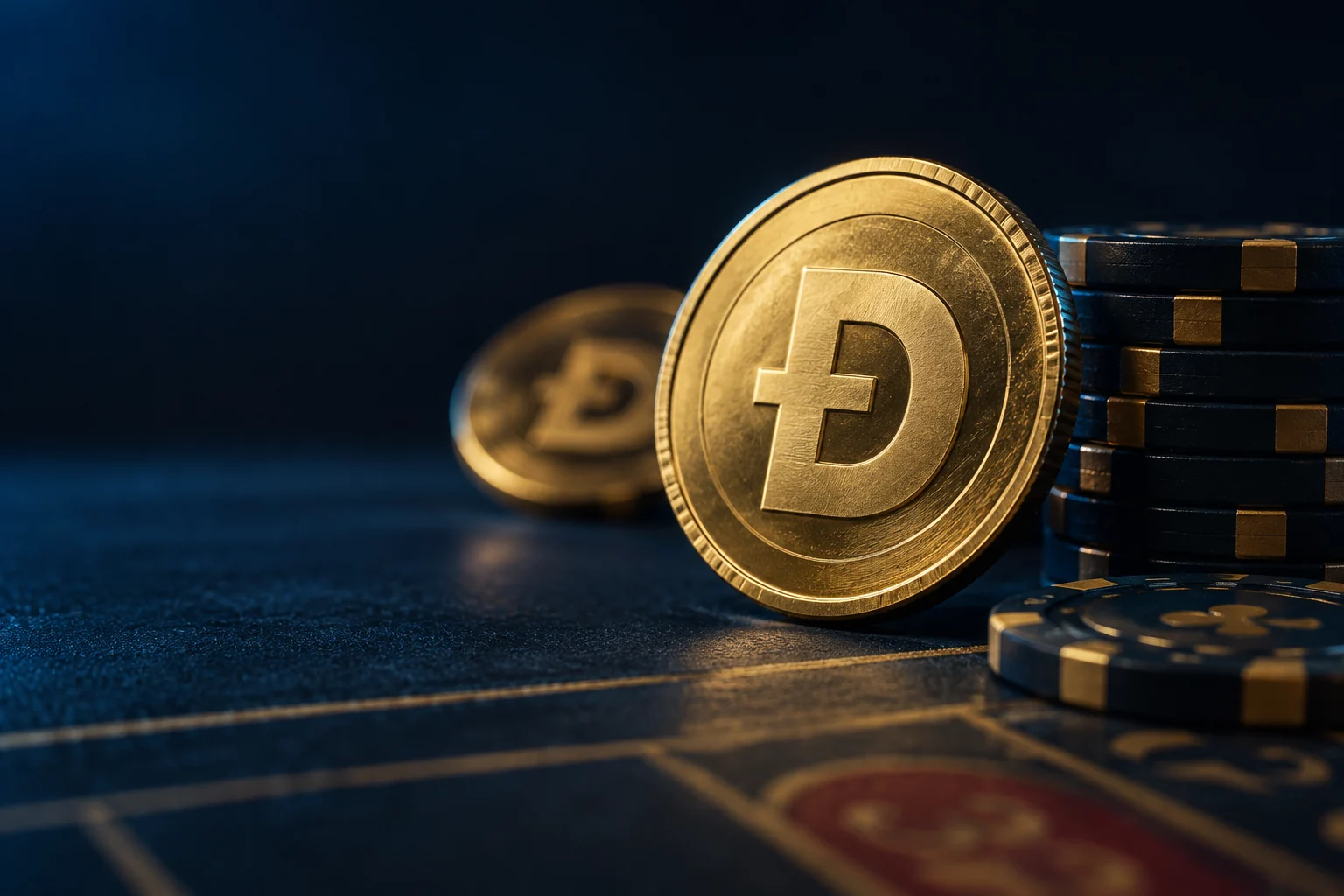 Ilustración editorial de una moneda Dogecoin junto a fichas de casino